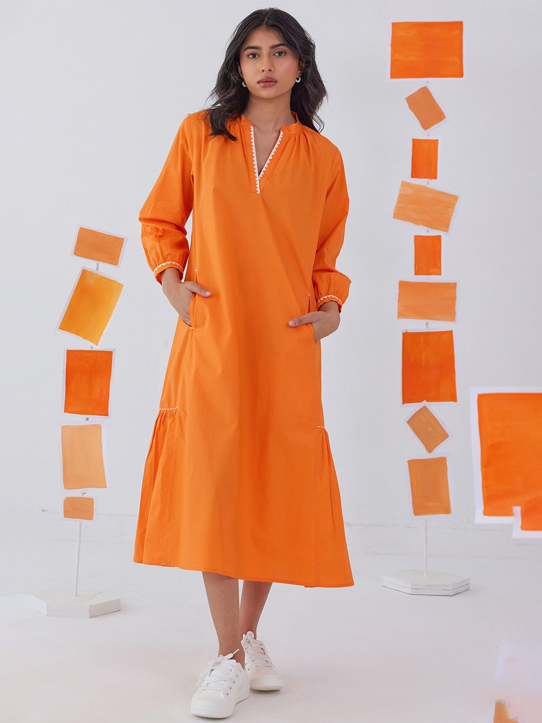 

PINK CACTII Mandarin Collar A-Line Cotton Midi Dress, Orange