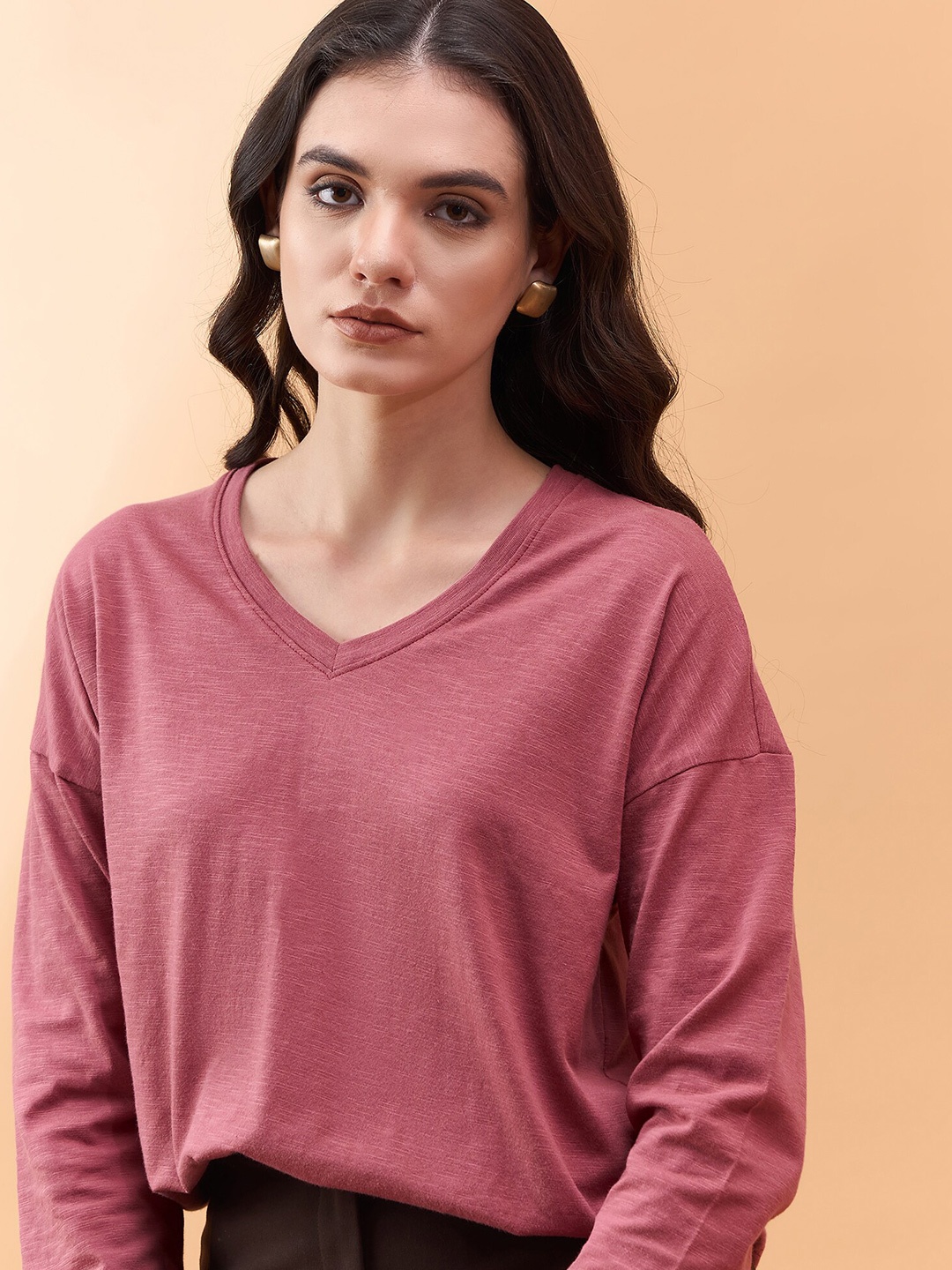 

all about you Women Solid V-Neck Extended Sleeves Pockets T-shirt, Rose