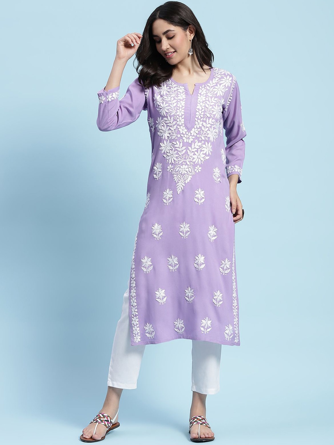 

House of Chikankari Women Paisley Yoke Design Flared Sleeves Sequinned Kurta, Purple