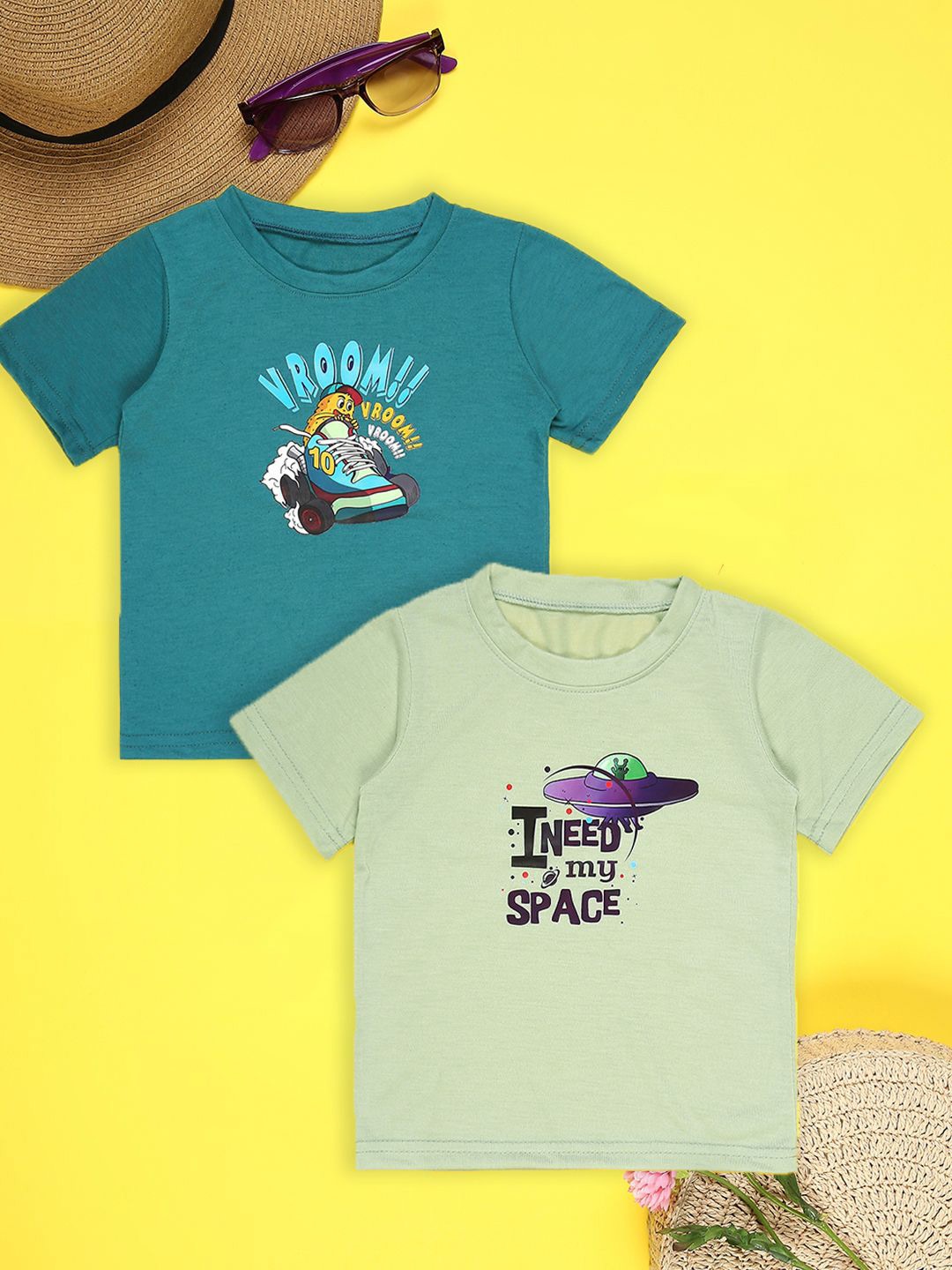 

Cutiekins Boys Pack Of 2 Graphic Printed Round Neck T-shirt, Sea green