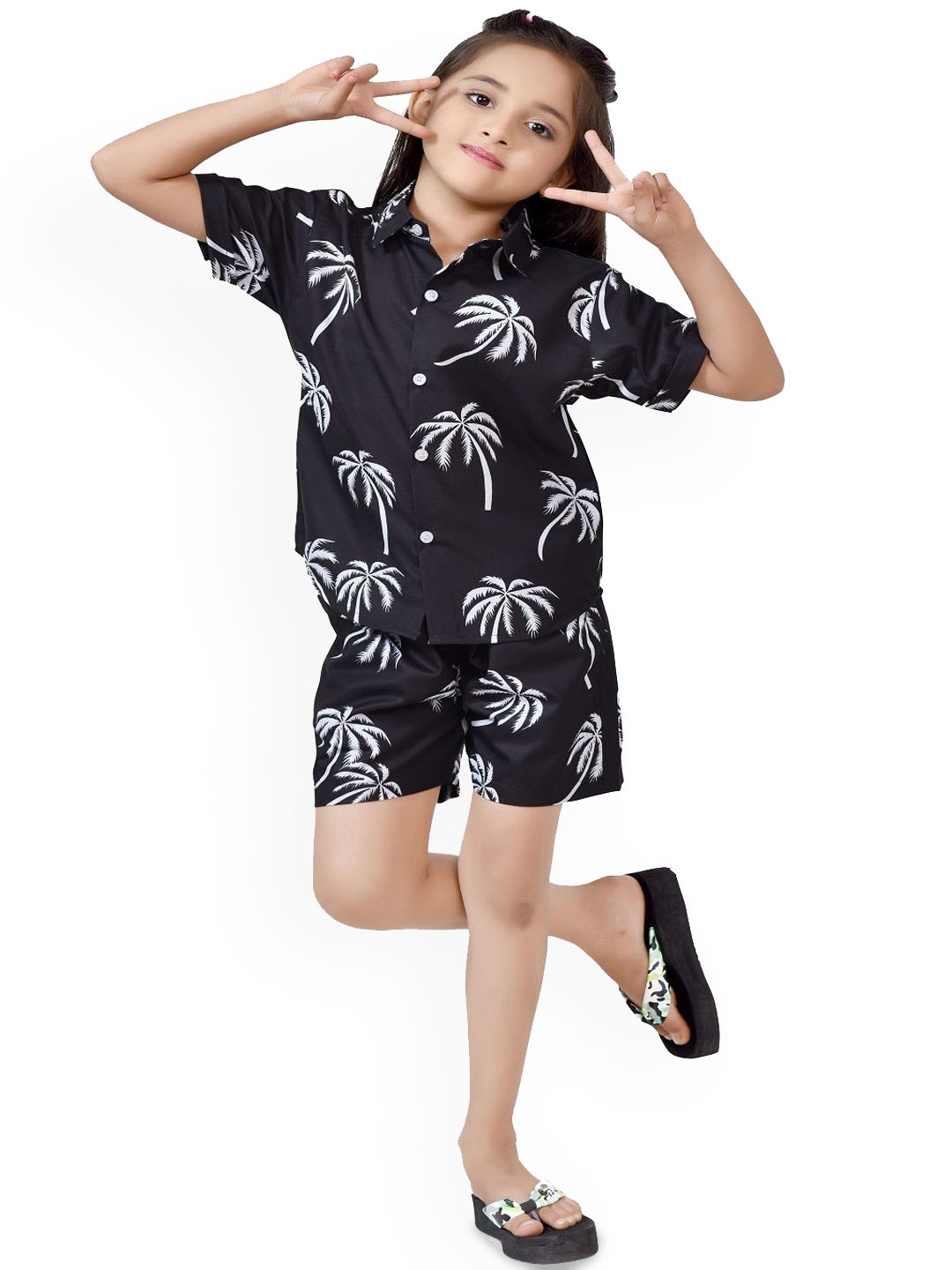 

BAESD Girls Printed Pure Cotton Shirt with Shorts, Black