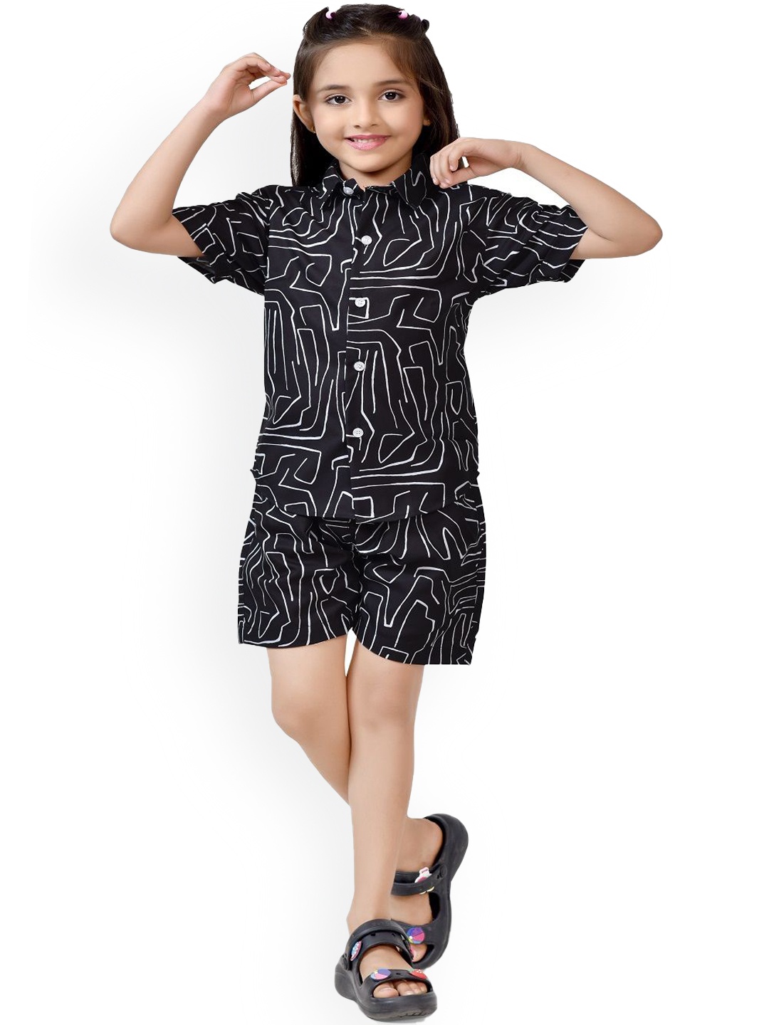 

BAESD Girls Printed Pure Cotton Shirt with Shorts, Black