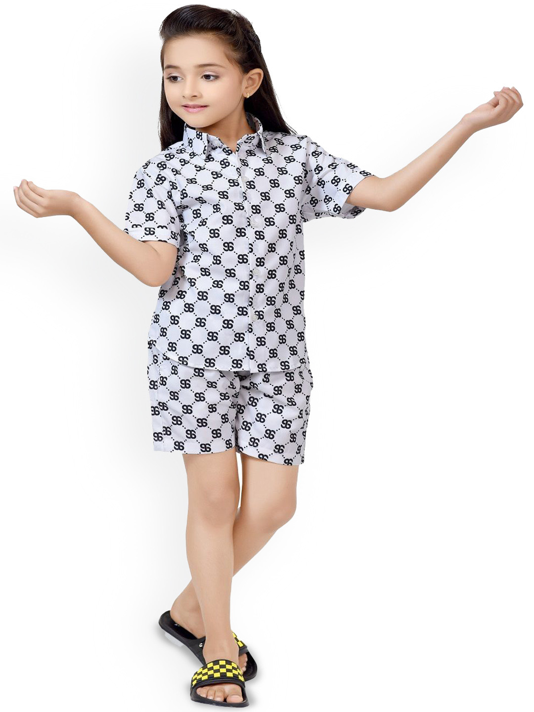 

BAESD Girls Printed Pure Cotton Shirt with Shorts, White