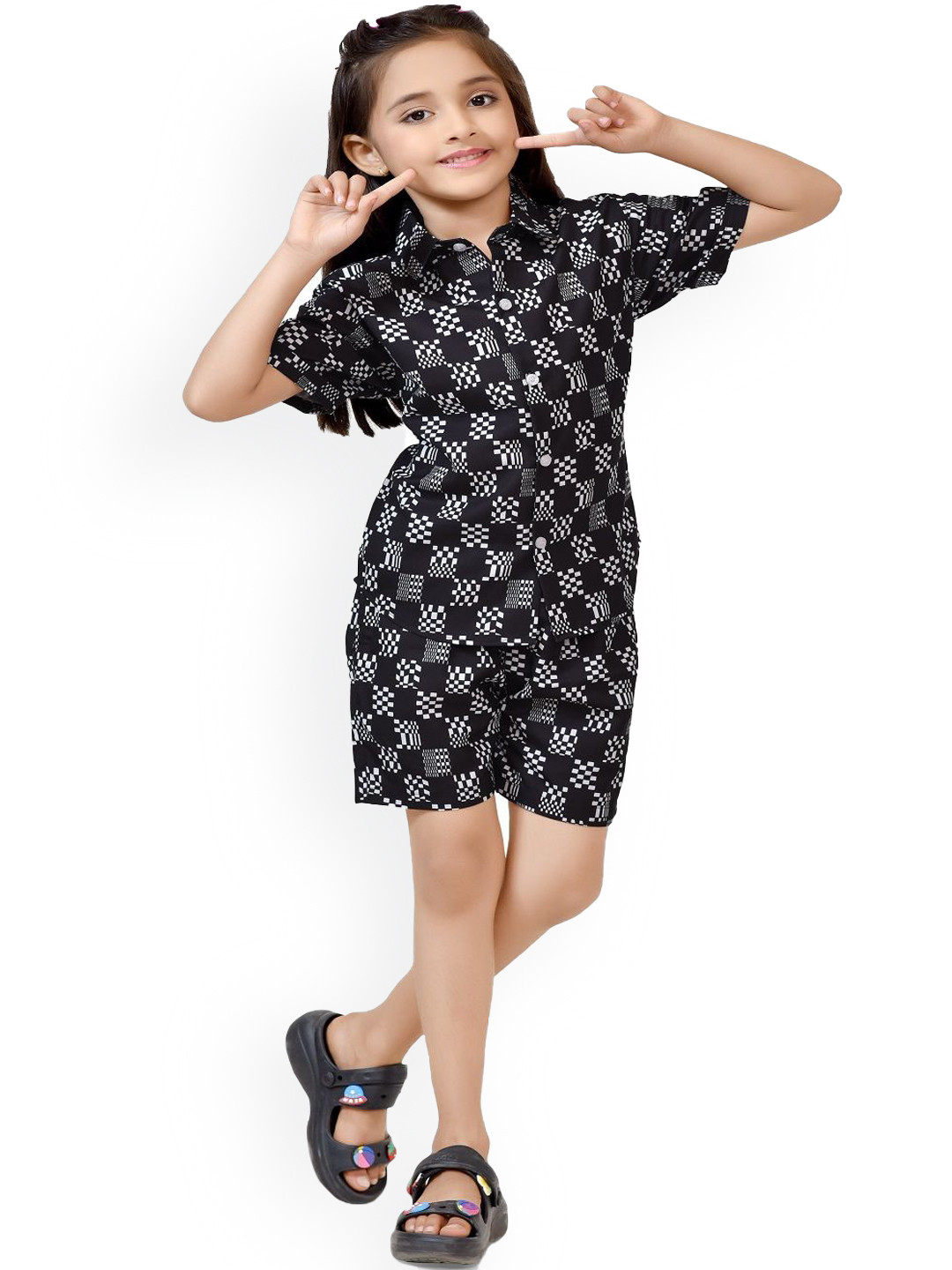 

BAESD Girls Printed Pure Cotton Shirt with Shorts, Black