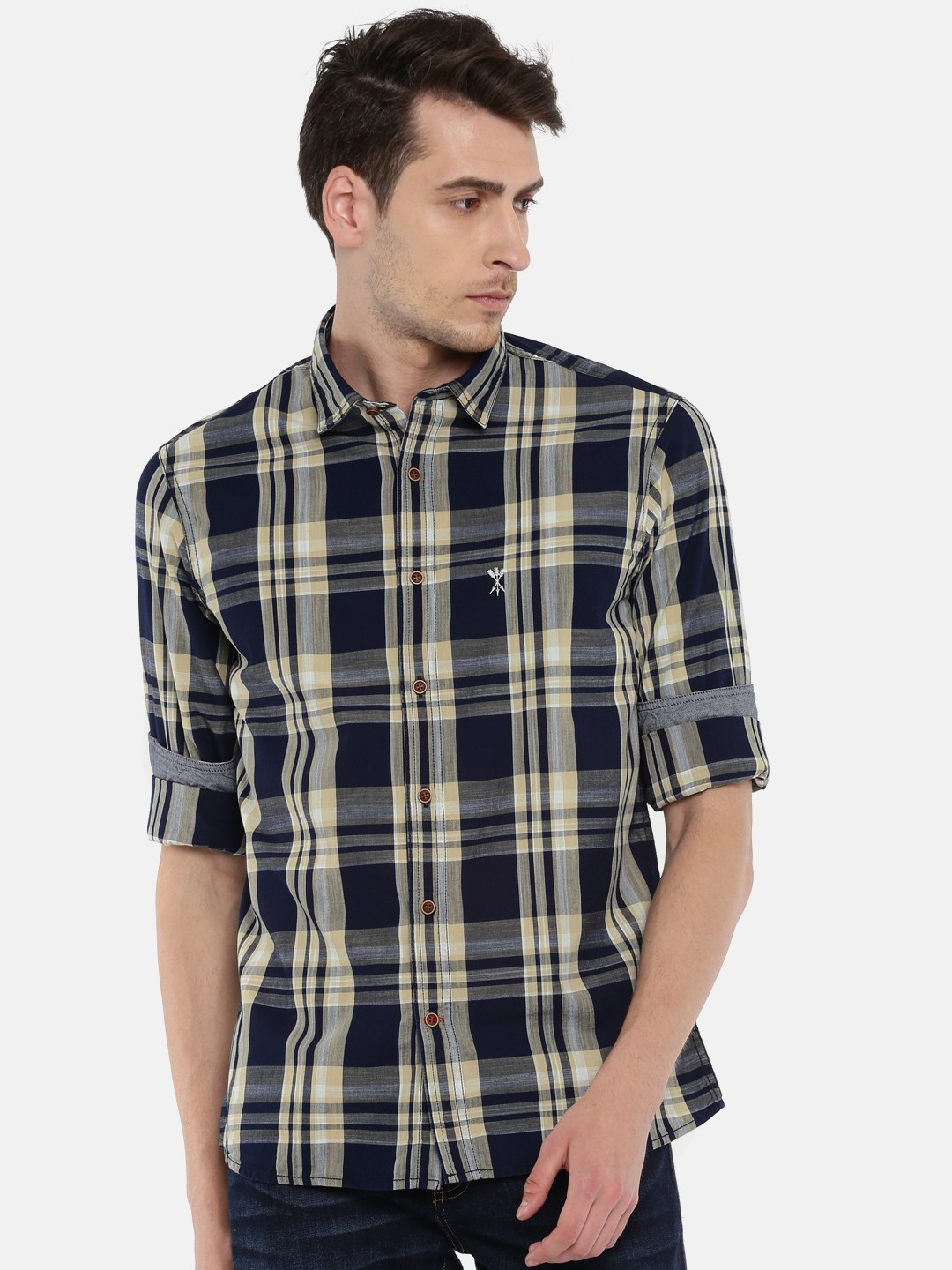 

Arrow Blue Jean Co. Men Beige & Navy Blue Slim Fit Checked Casual Shirt