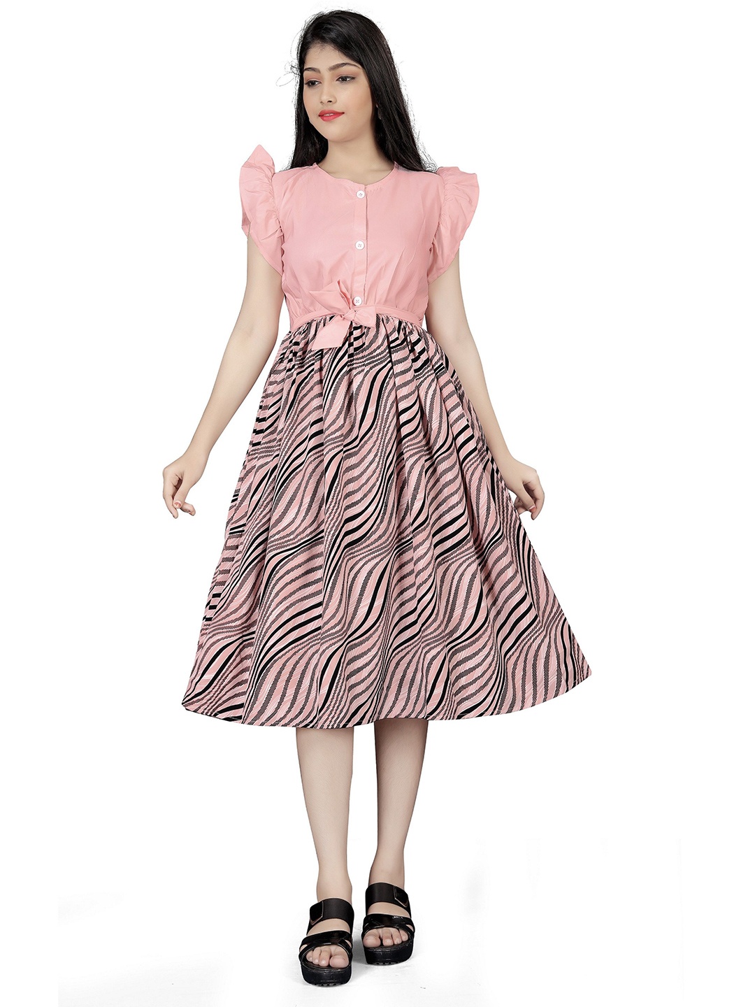 

BAESD Printed Puff Sleeve Crepe A-Line Dress, Pink