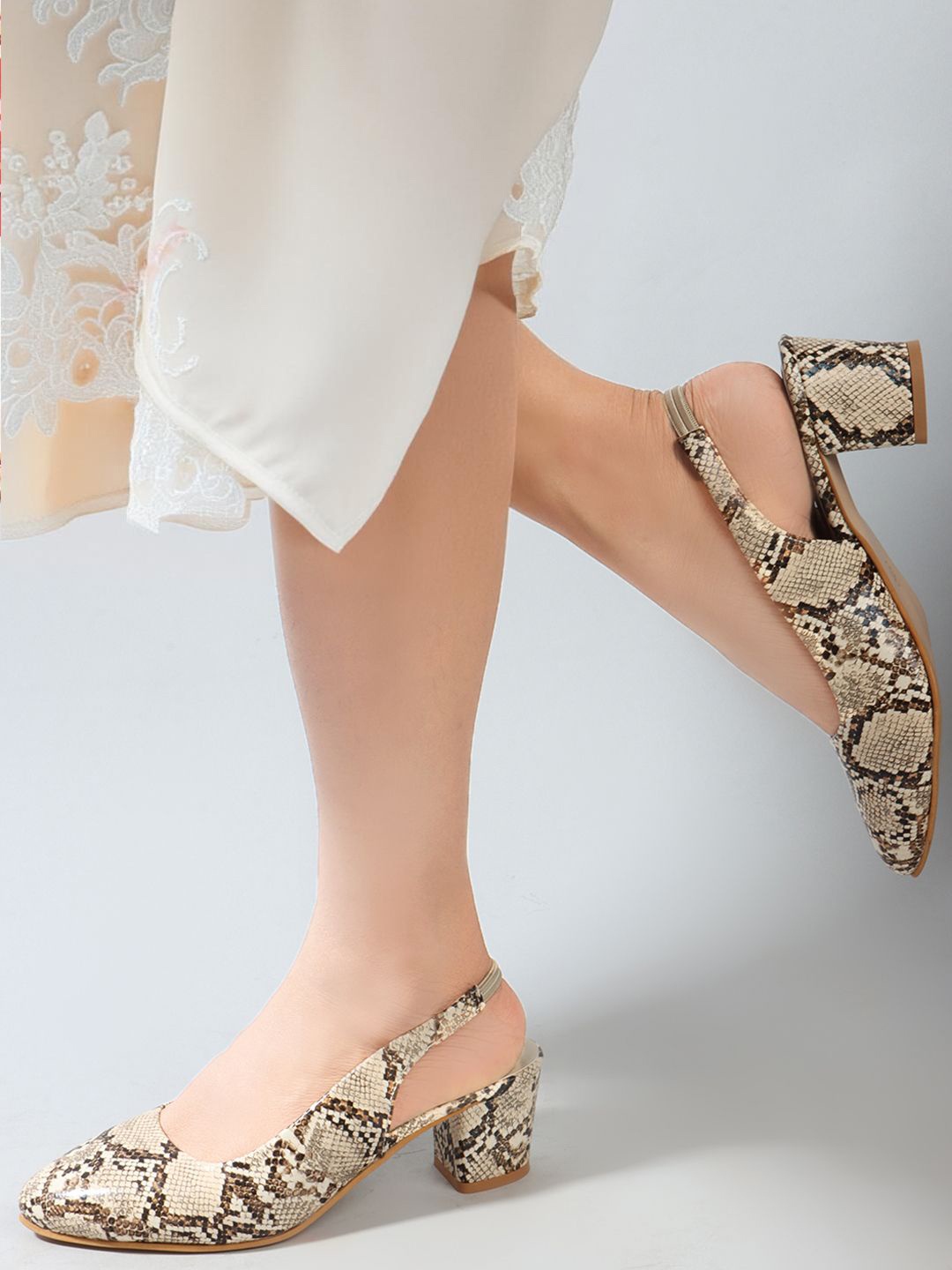 

Carlton London Printed Round Toe Block Heeled Pumps, Cream