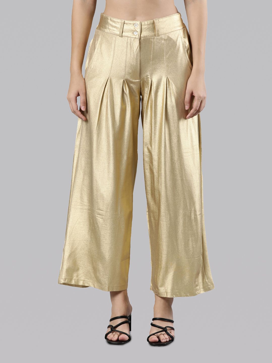 

Femmora Women Flared Fit High Rise Pleated Trousers, Gold