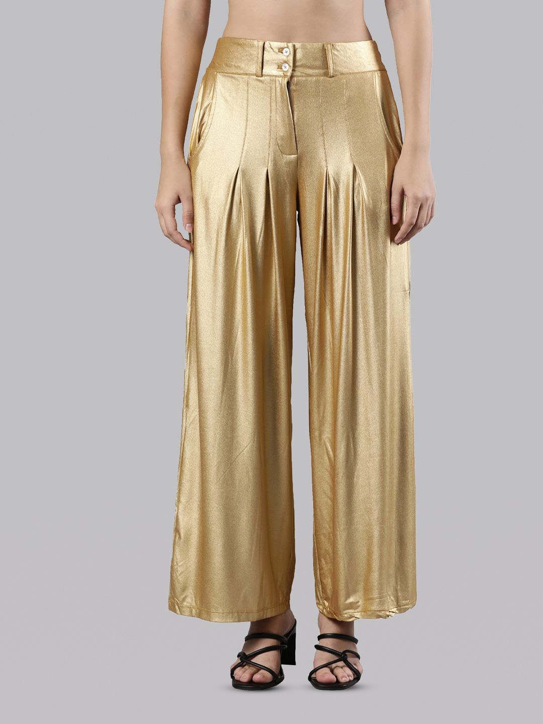 

Femmora Women Flared Pleated Shimmer Palazzos, Gold