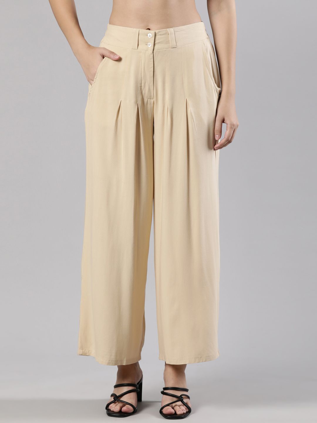 

Femmora Women Flared Fit High Rise Pleated Trousers, Beige