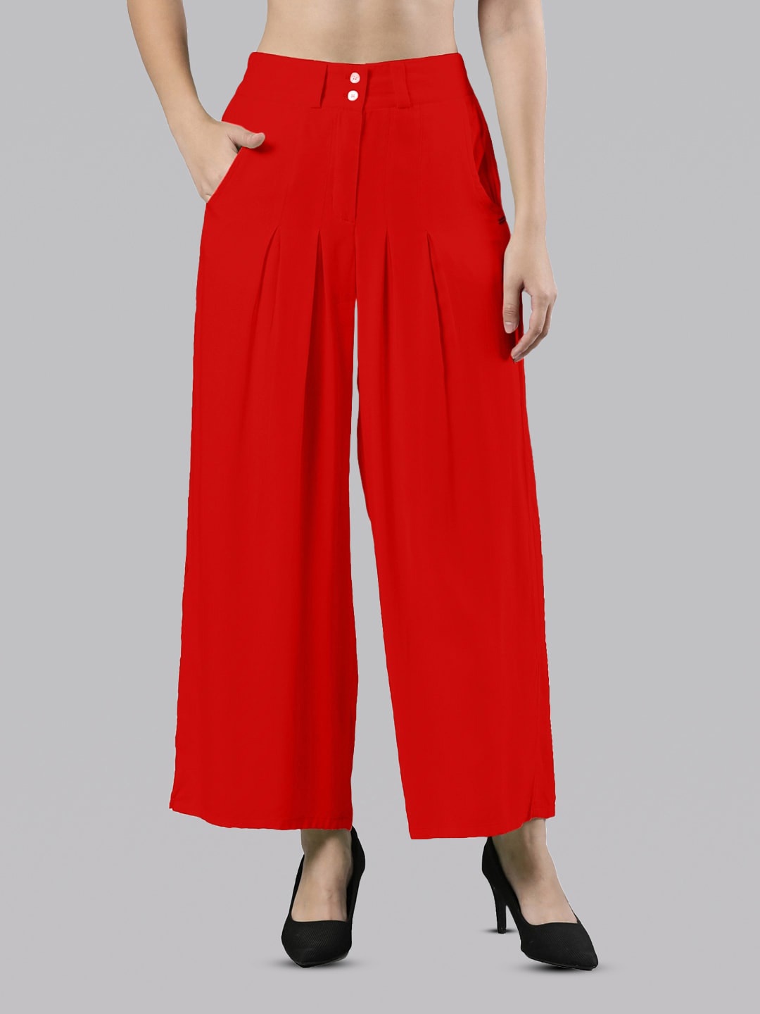 

Femmora Women Flared Fit High Rise Pleated Trousers, Red