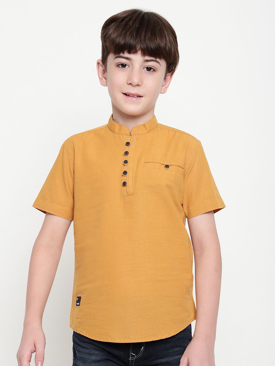 

Octave Boys Solid Short Sleeves Mandarin Collar Casual Shirt, Yellow
