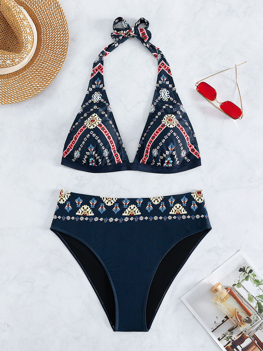 

LULU & SKY Printed Halter Neck Swim Bikini Set, Navy blue