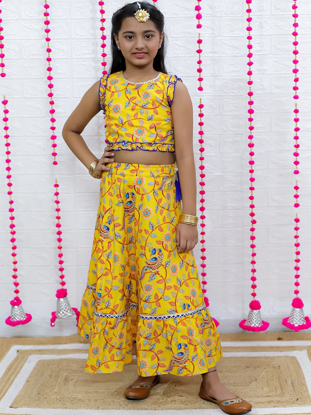 

M'andy Girls Printed Cotton Ready to Wear Lehenga with Blouse, Yellow