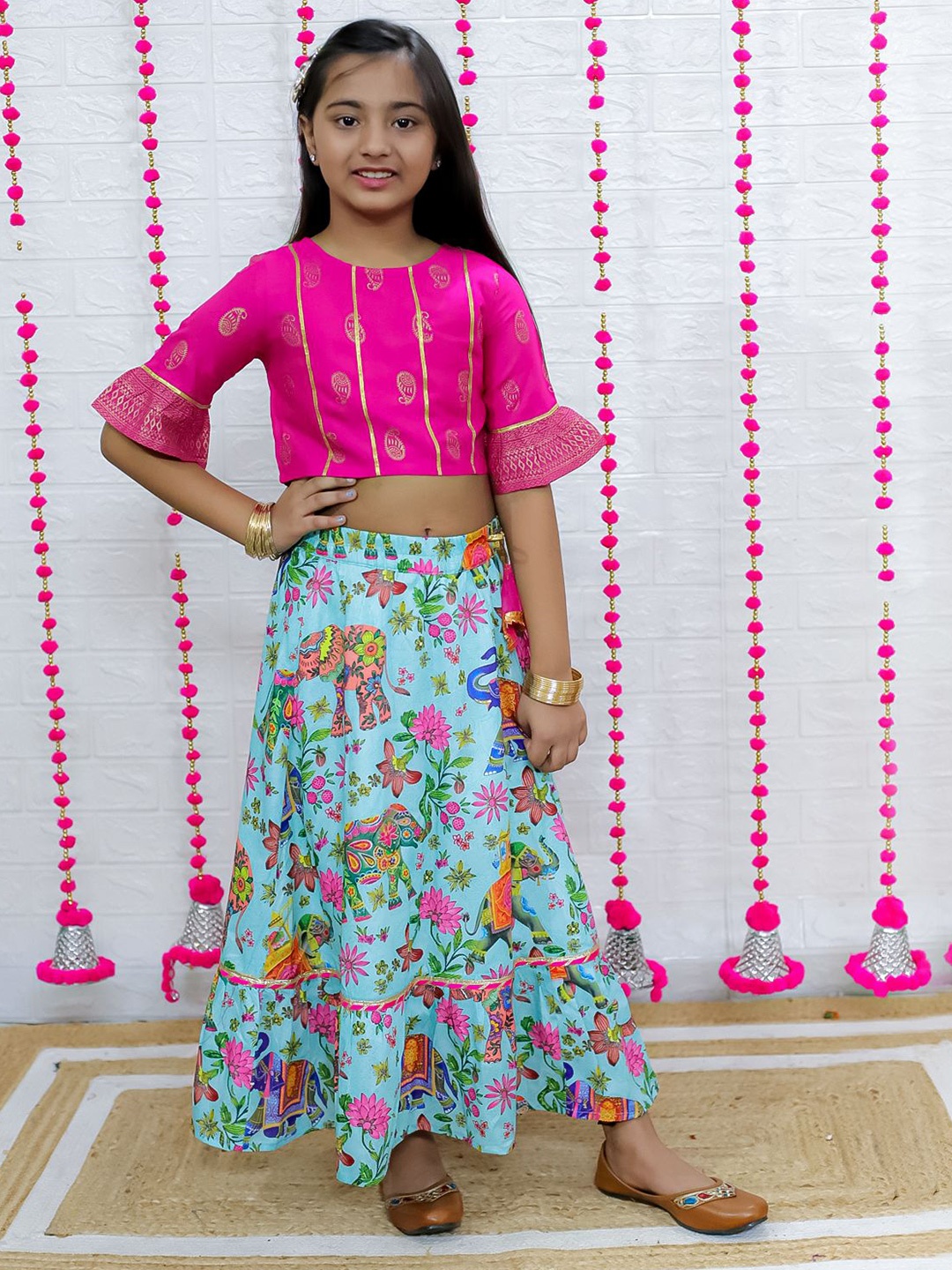 

M'andy Girls Printed Cotton Ready to Wear Lehenga with Blouse, Pink