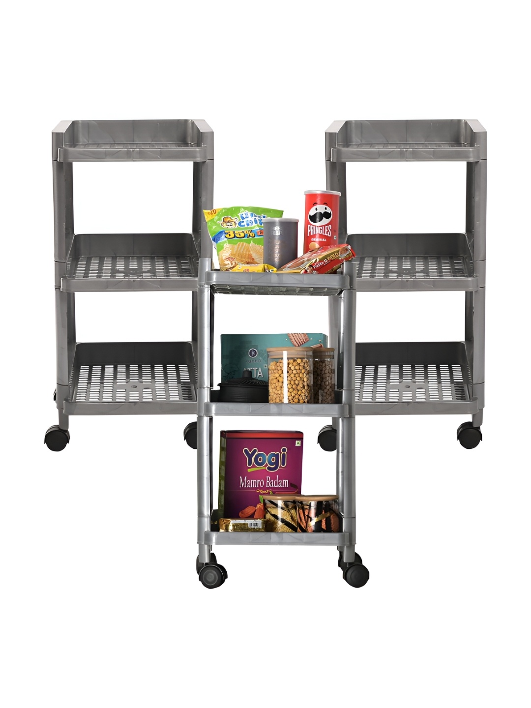 

Kuber Industries Grey 3 Pieces 3 Tier Trolley Storage Racks With Wheels