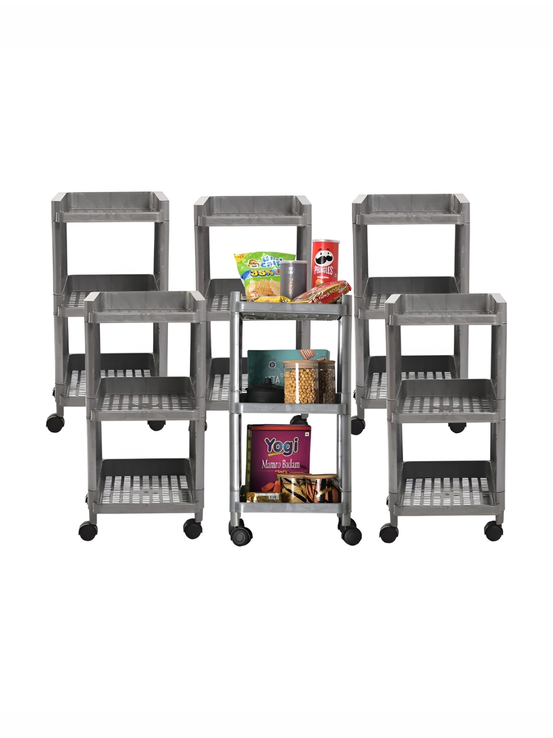 

Kuber Industries Grey 6 Pieces 3-Layer Storage Trolley Rack