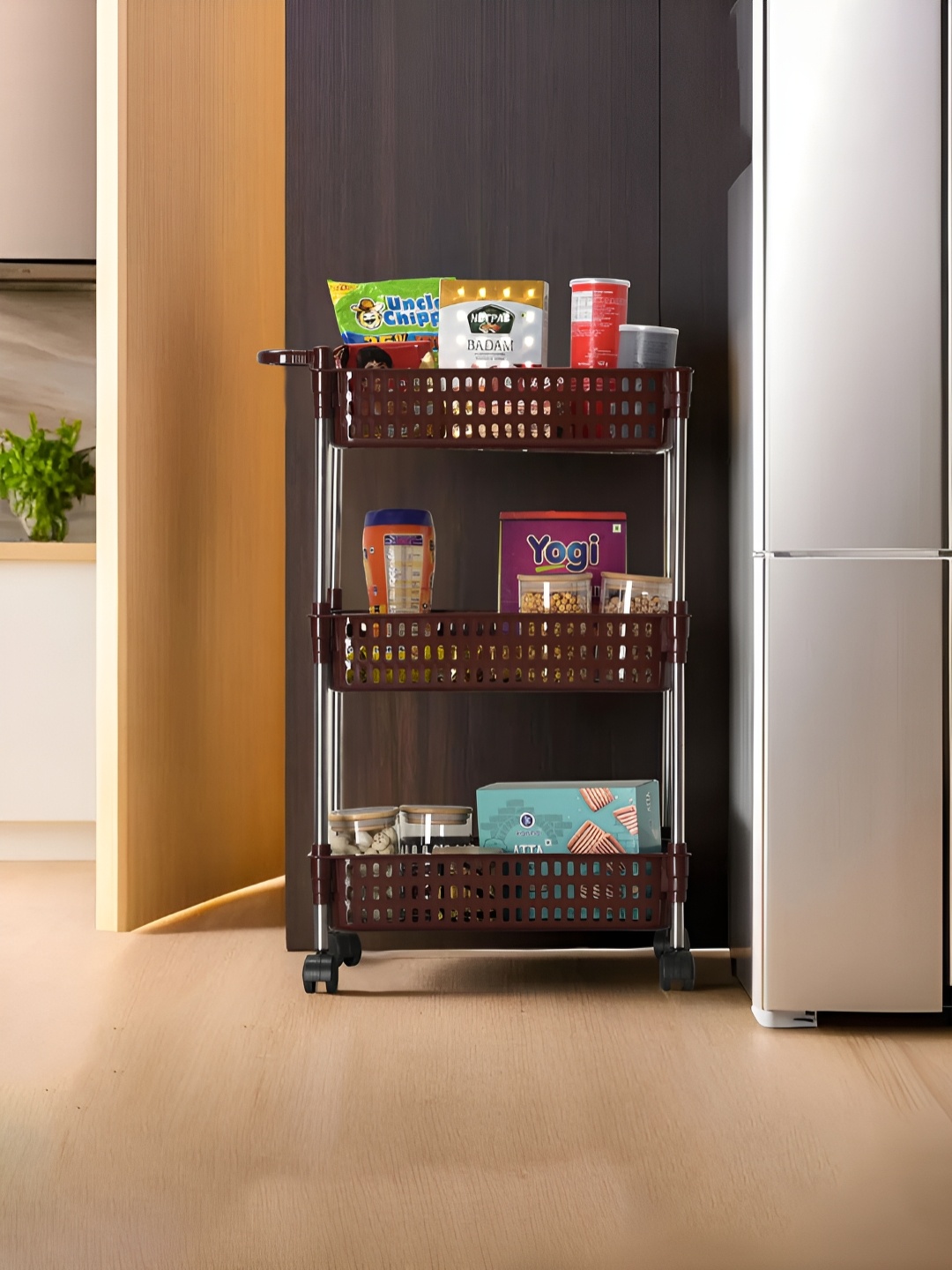 

Kuber Industries Brown 3-Tier Rectangle Multi Purpose Rack