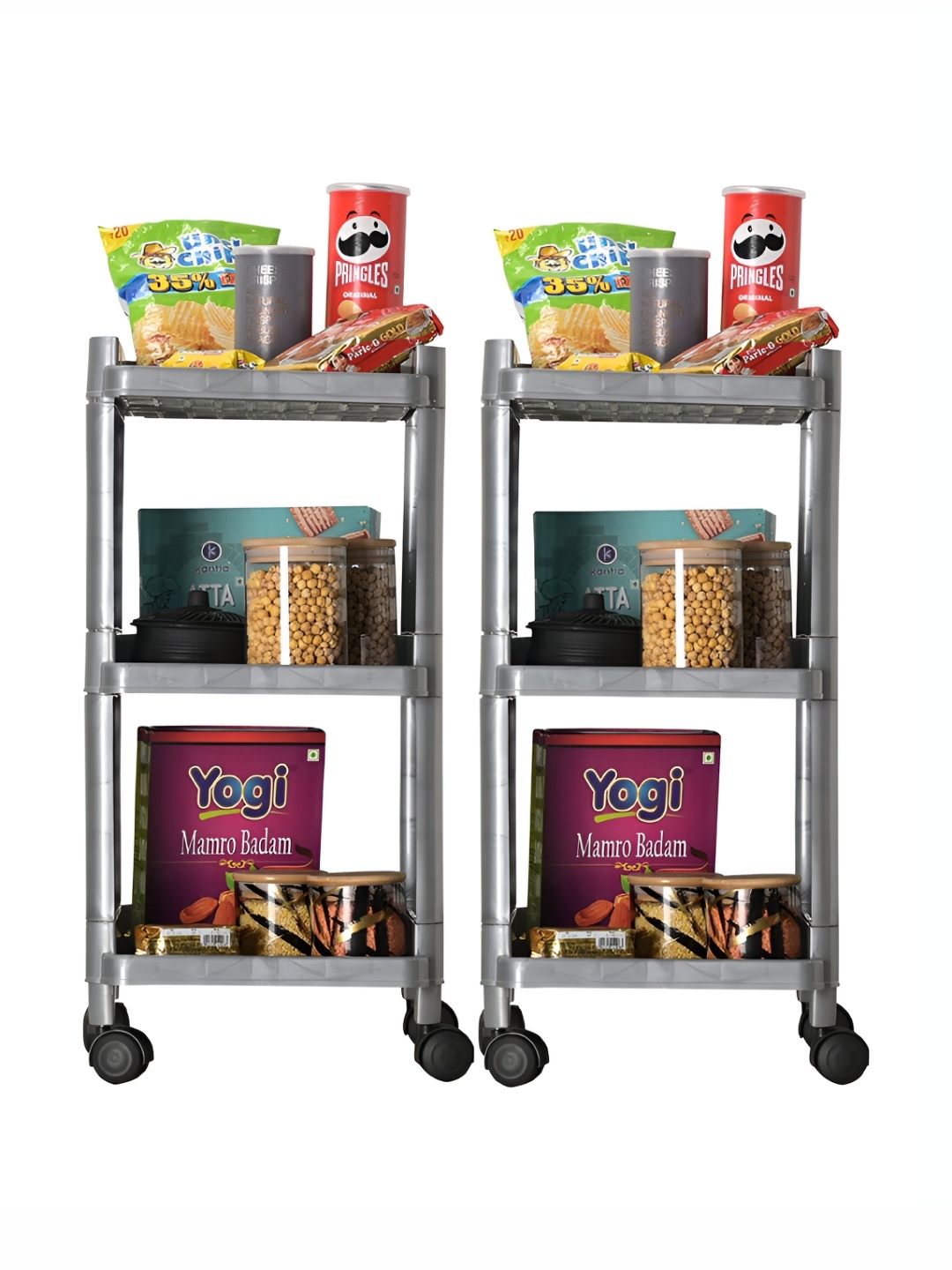 

Kuber Industries Grey 2 Pieces 3-Layer Trolley Storage Rack With Wheels