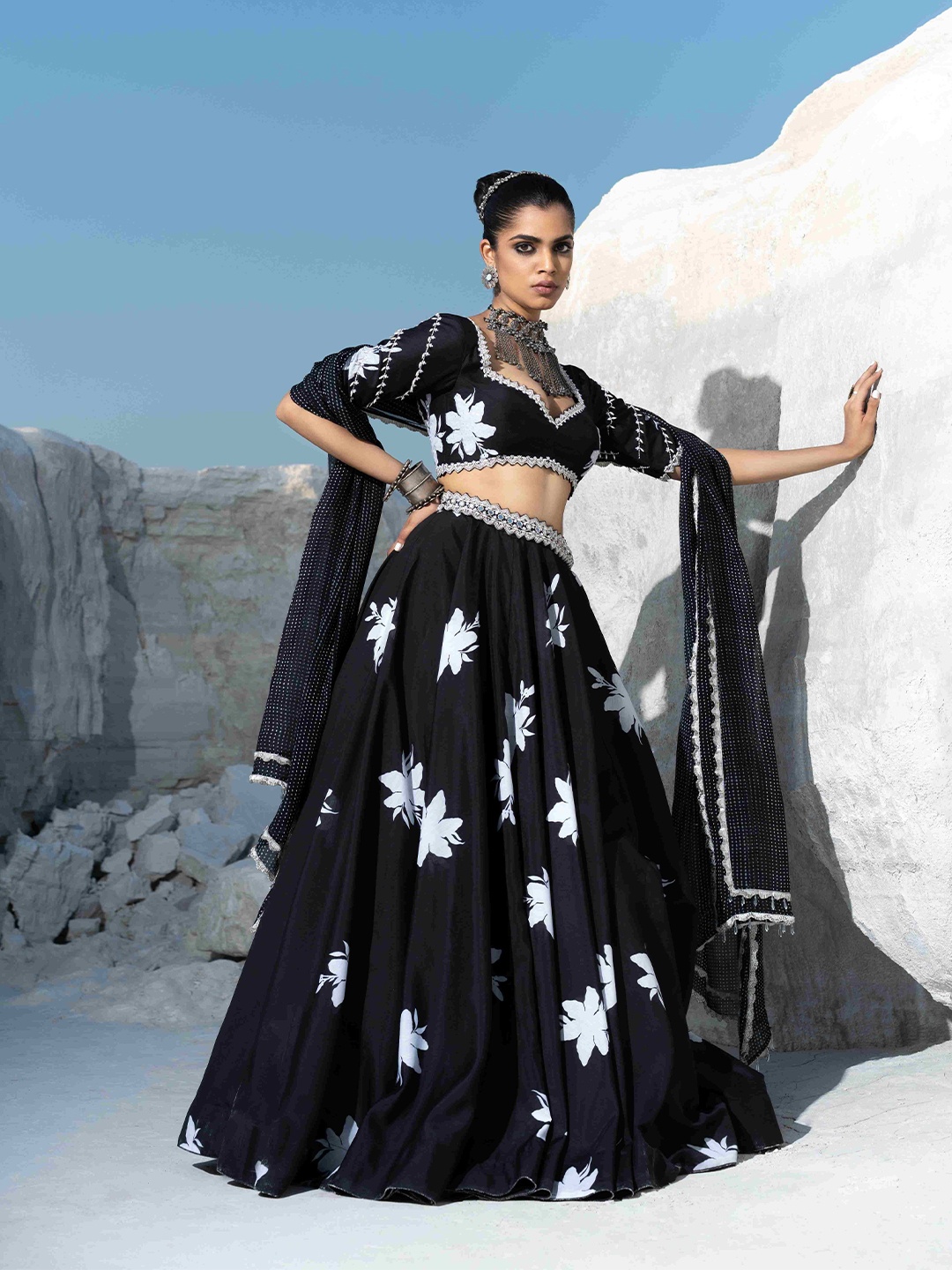 

Seeaash Embroidered Beads and Stones Made to Measure Lehenga & Blouse With Dupatta, Black