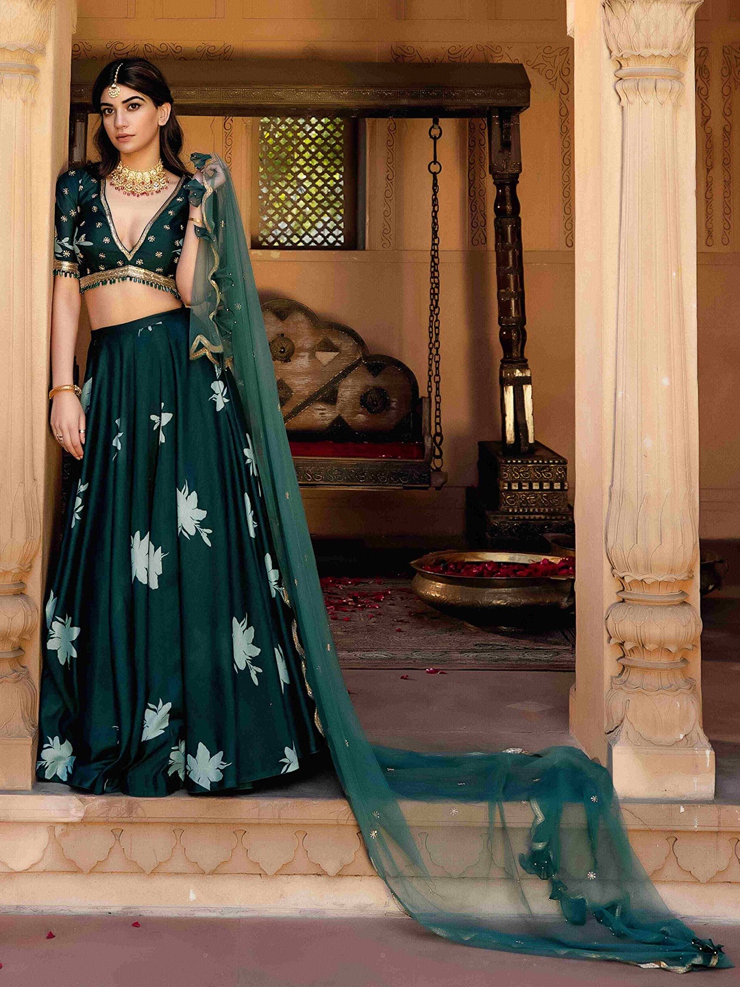 

Seeaash Embellished V-Neck Thread Work Satin Made to Measure Lehenga & Blouse With Dupatta, Green