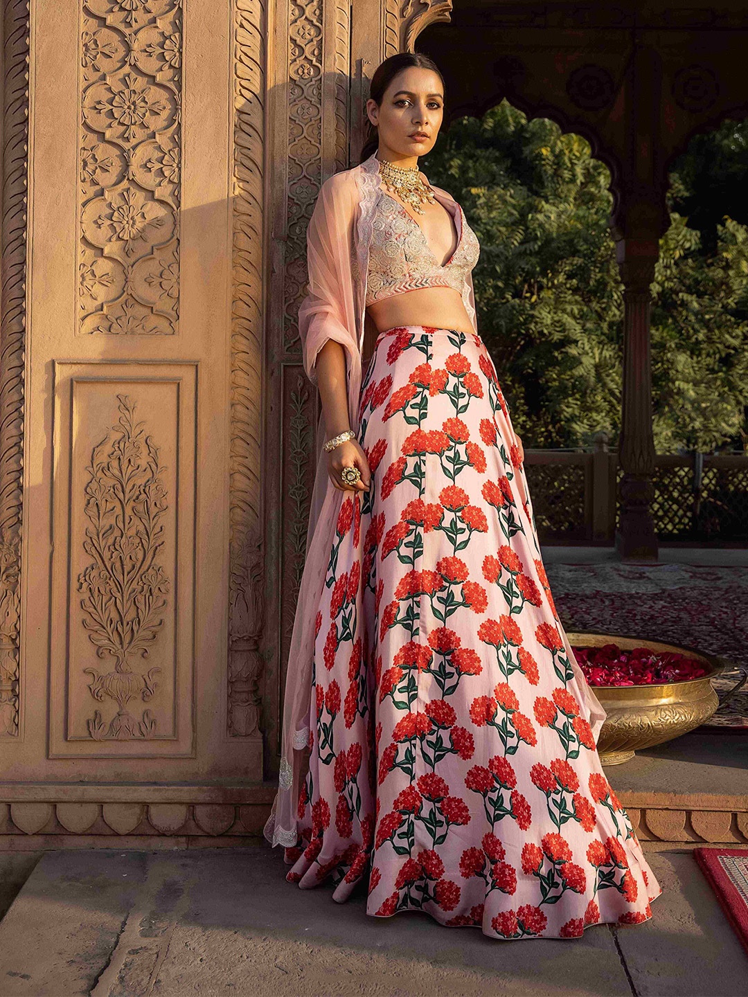 

Seeaash Embroidered Beads and Stones Satin Made to Measure Lehenga & Blouse With Dupatta, Pink