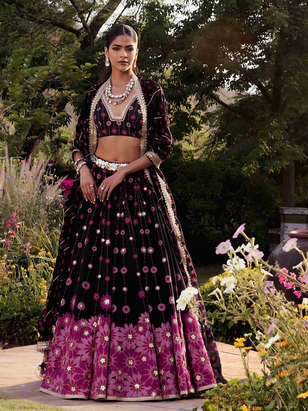 

Seeaash Embroidered Beads and Stones Silk Made to Measure Lehenga & Blouse With Dupatta, Purple