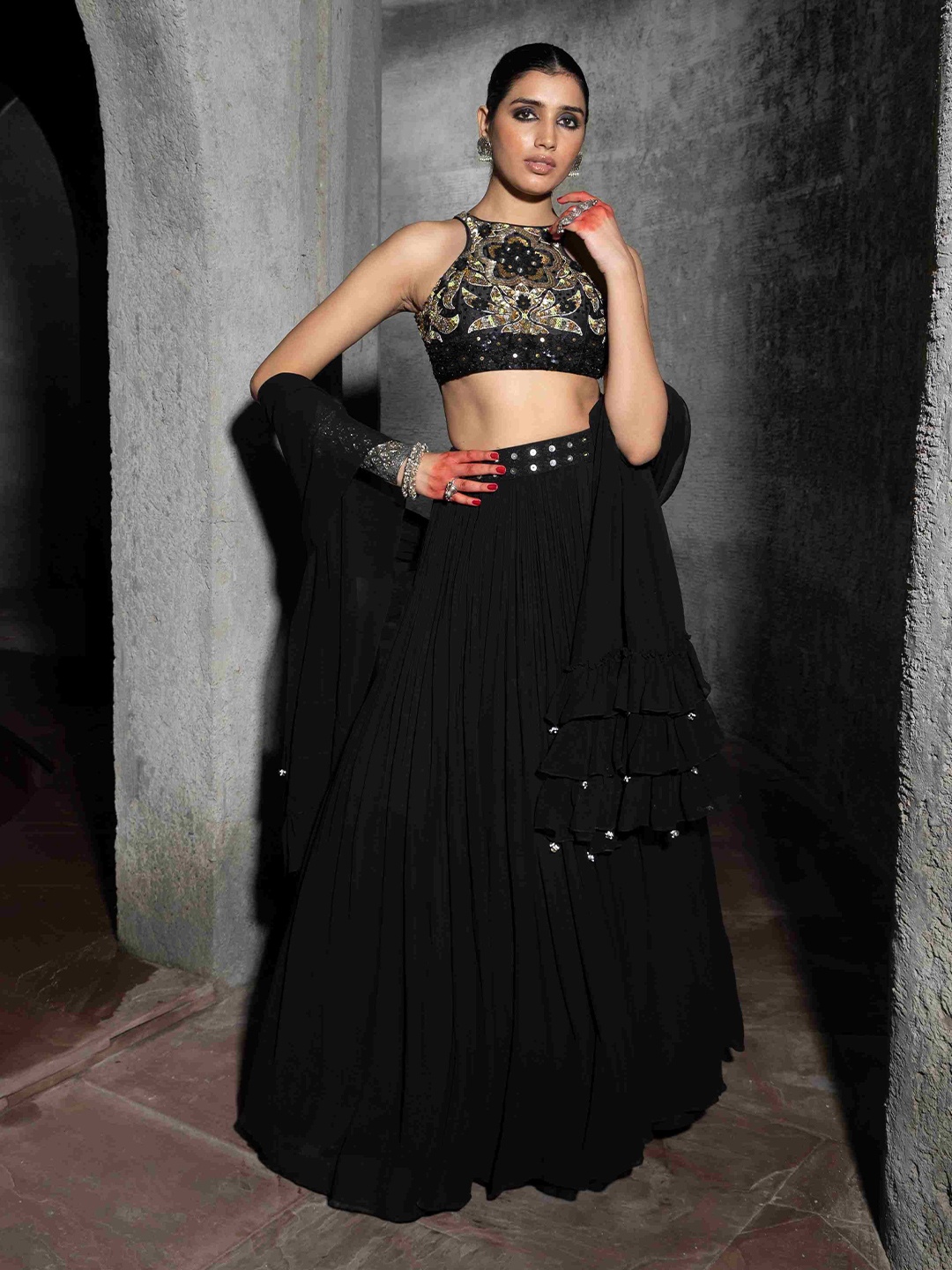 

Seeaash Embellished Sequinned Made to Measure Lehenga & Blouse With Dupatta, Black