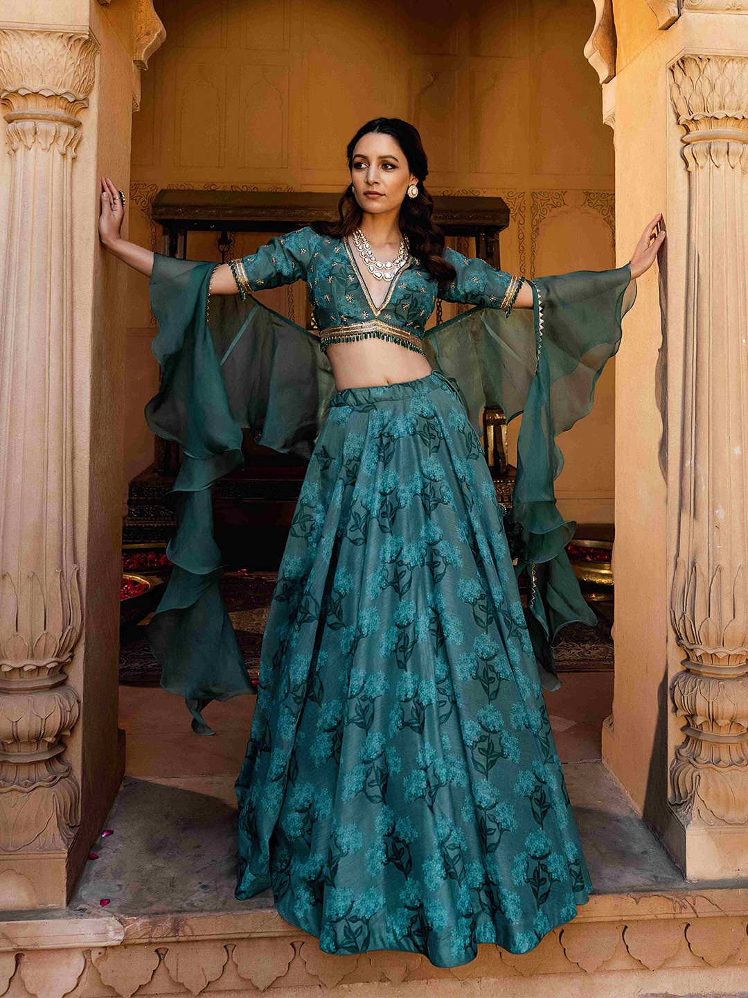 

Seeaash Printed V-Neck Made to Measure Lehenga & Blouse With Dupatta, Green