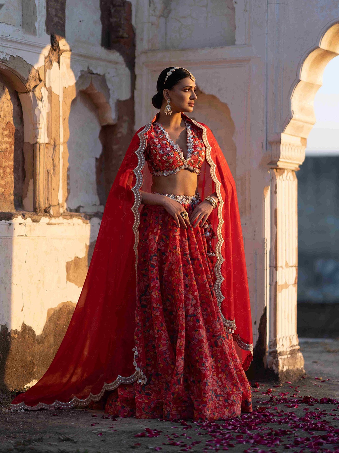 

Seeaash Printed Beads and Stones Made to Measure Lehenga & Blouse With Dupatta, Red