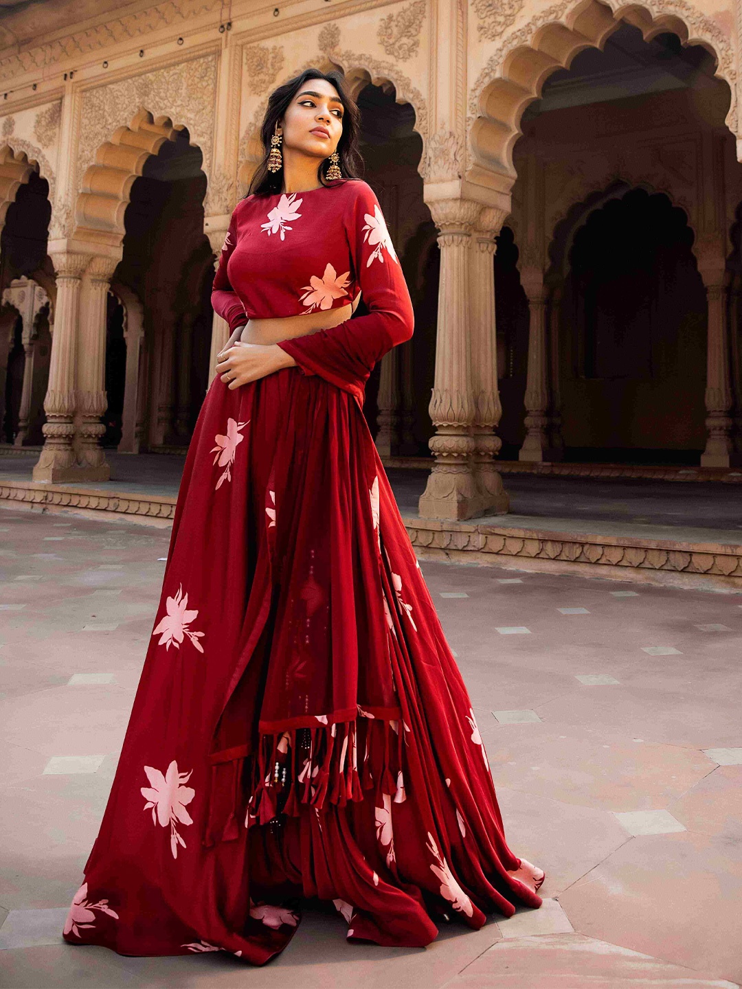 

Seeaash Printed Satin Made to Measure Lehenga & Blouse With Dupatta, Red