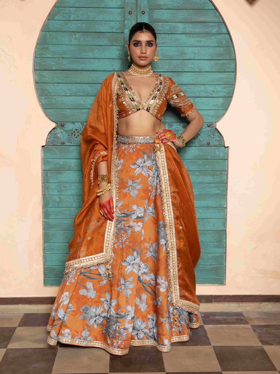 

Seeaash Printed Made to Measure Lehenga & Blouse With Dupatta, Orange