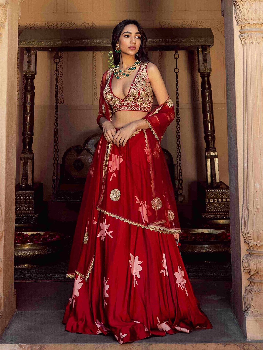 

Seeaash Embroidered Made to Measure Lehenga & Blouse With Dupatta, Red