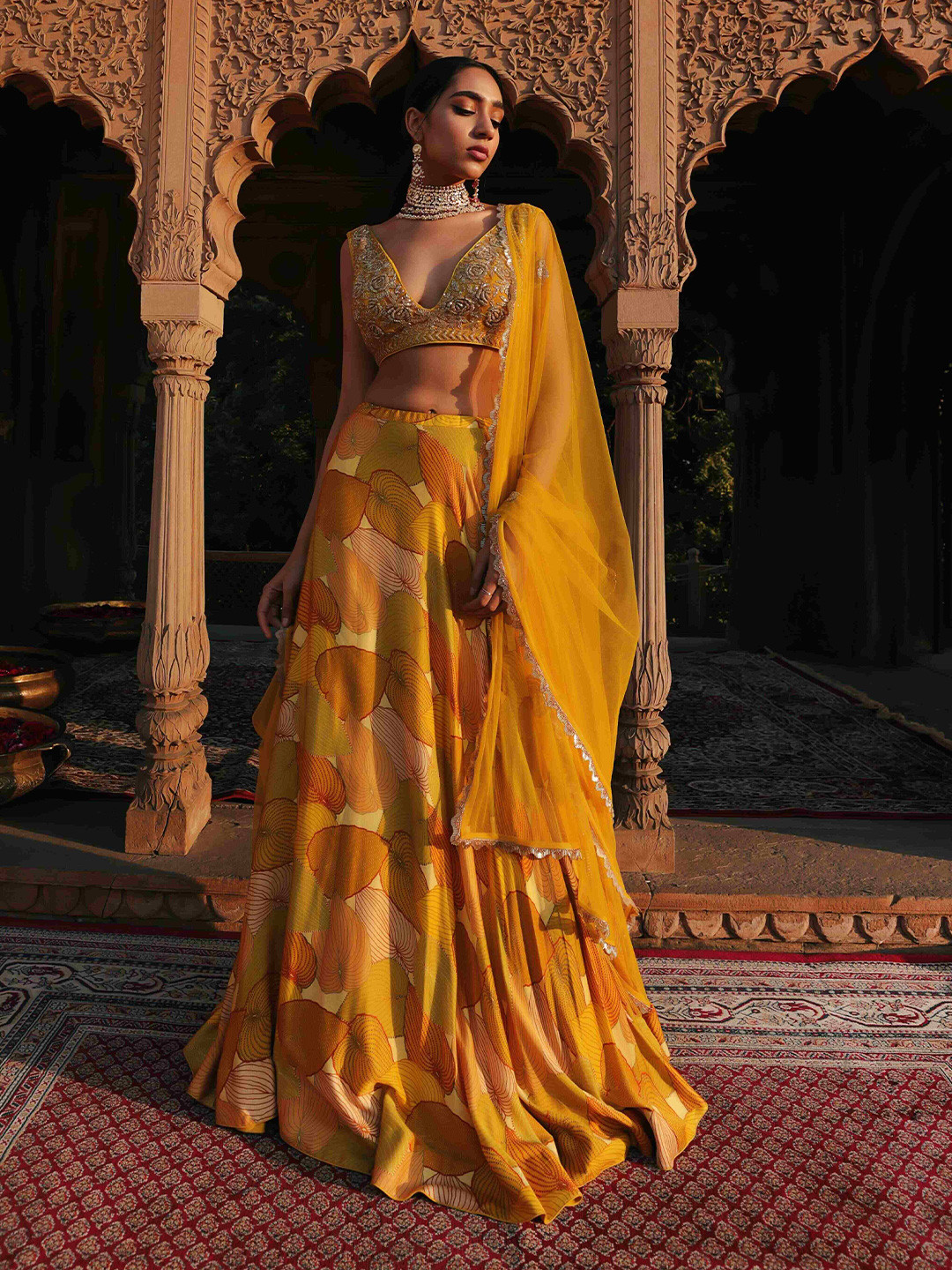 

Seeaash Embroidered Made to Measure Satin Lehenga & Blouse With Dupatta, Yellow