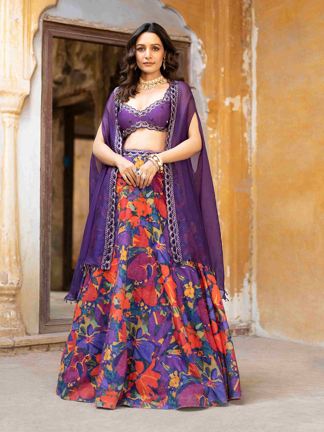 

Seeaash Rang Floral Printed Beads and Stones Ready To Wear Lehenga & Blouse With Cape, Purple