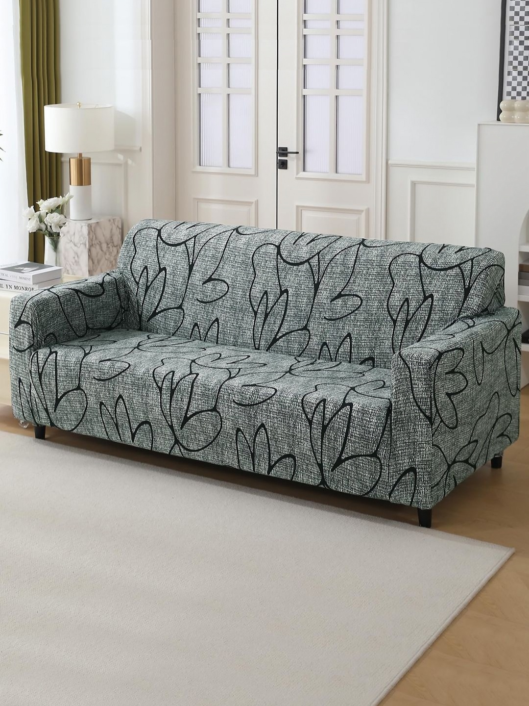 

HOKIPO Grey & Black Abstract Printed 3-Seater Stretchable Sofa Cover With Arms