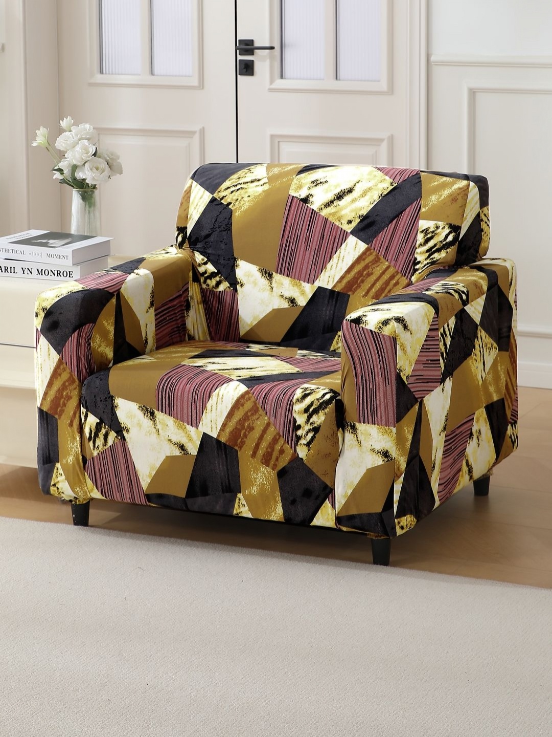 

HOKIPO Red & White 1 Seater Abstract Printed Stretchable Sofa Cover With Arms