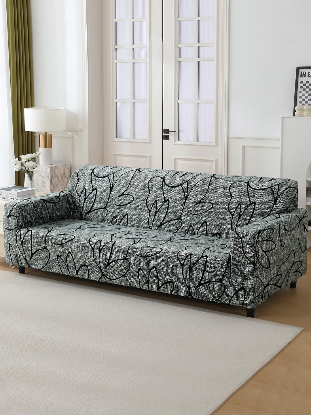 

HOKIPO Grey & Black Abstract Printed 4-Seater Stretchable Sofa Cover With Arms