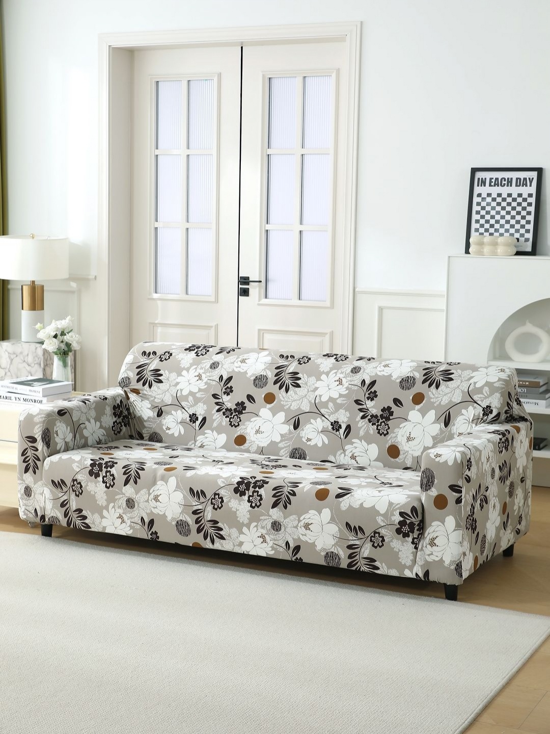 

HOKIPO Brown & Grey Floral Printed 4-Seater Sofa Cover With Arms