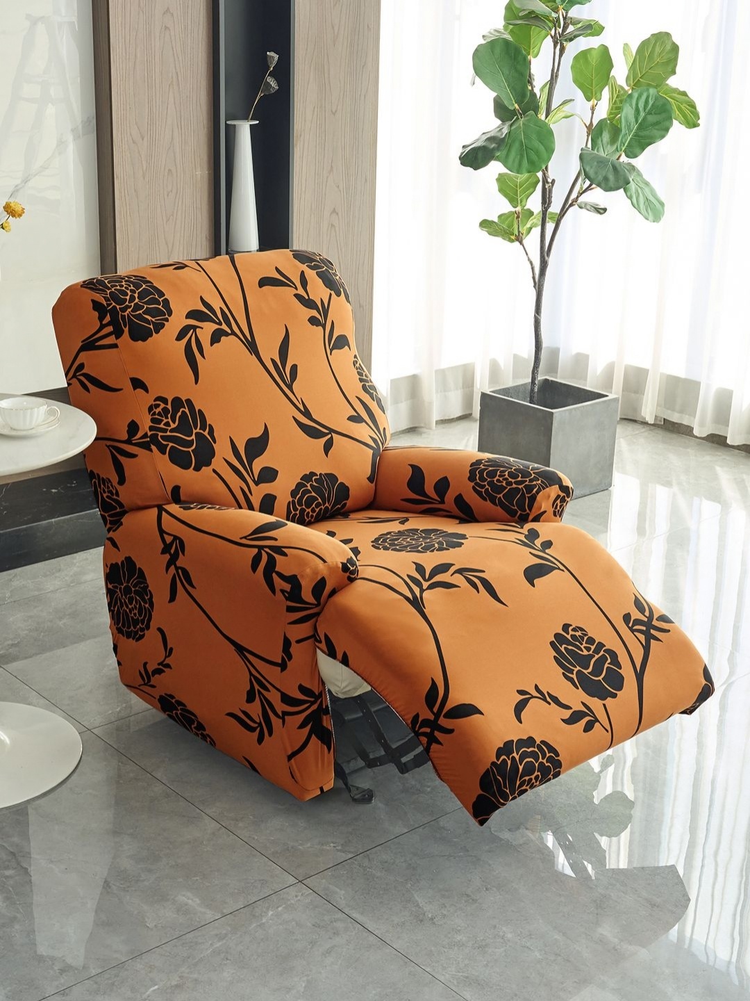 

HOKIPO Brown & Black 1 Seater Floral Printed Stretchable Recliner Sofa Cover With Arms