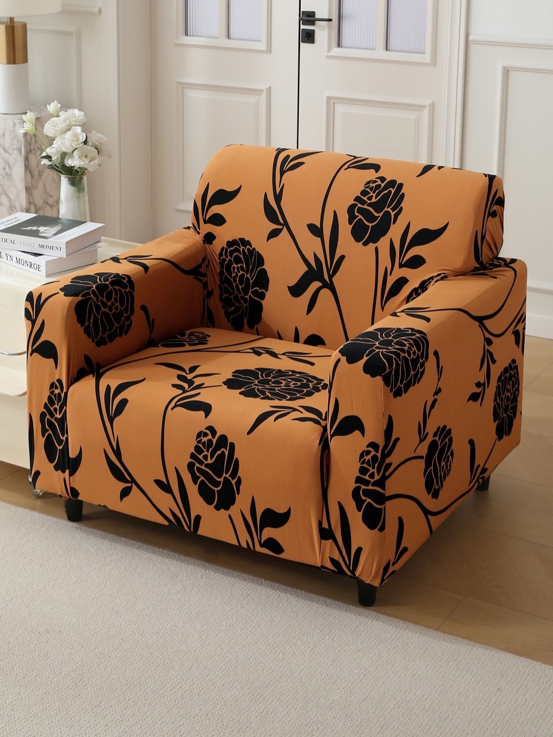 

HOKIPO Brown & Black 1 Seater Floral Printed Stretchable Sofa Cover With Arms