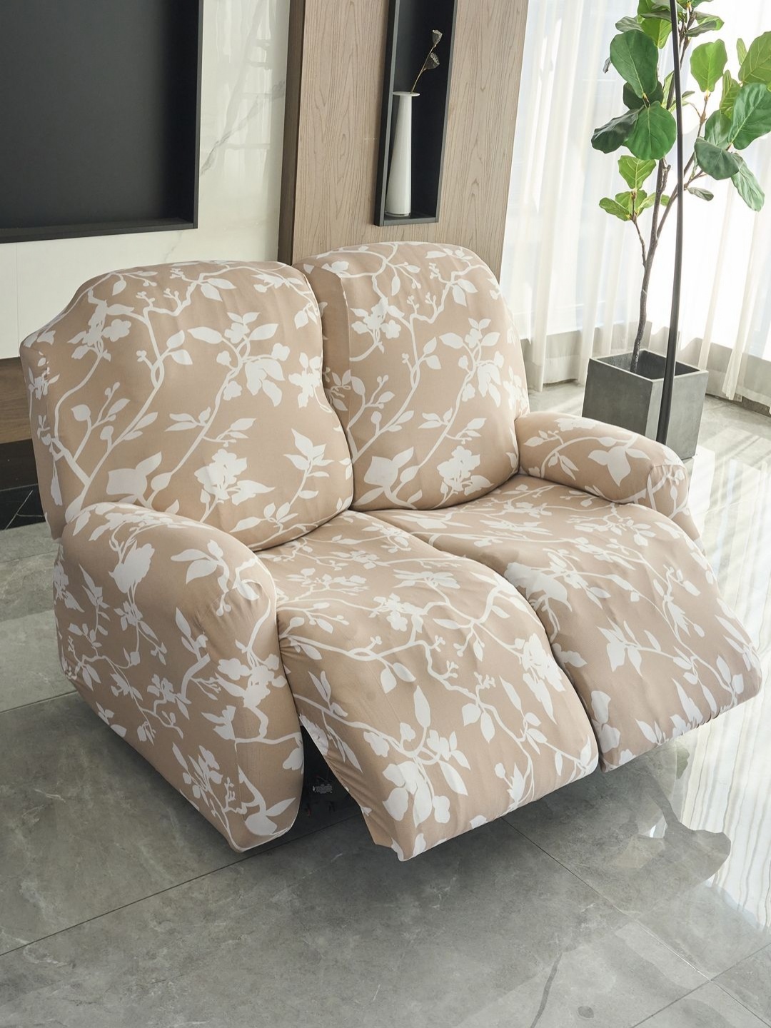 

HOKIPO Brown & White Printed 2-Seater Stretchable Recliner Sofa Cover with Arms