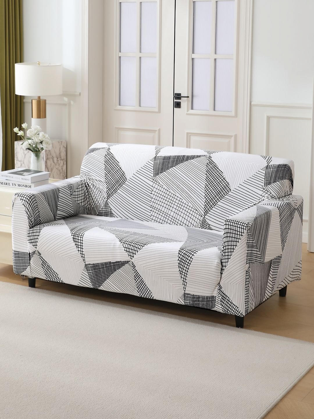 

HOKIPO White & Black Printed 2 Seater Stretchable Sofa Cover With Arms