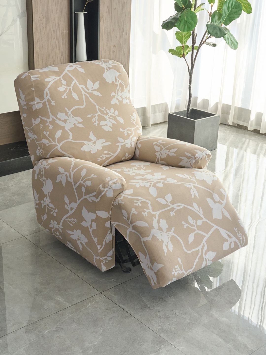 

HOKIPO Brown & White 1 Seater Printed Stretchable Sofa Cover With Arms