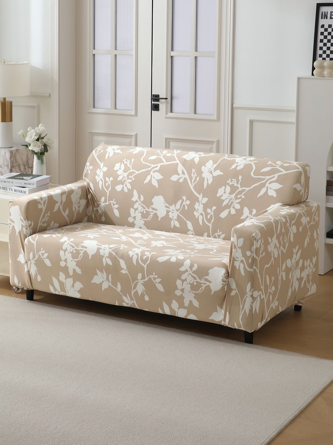 

HOKIPO Brown & White Printed 2 Seater Stretchable Sofa Cover With Arms