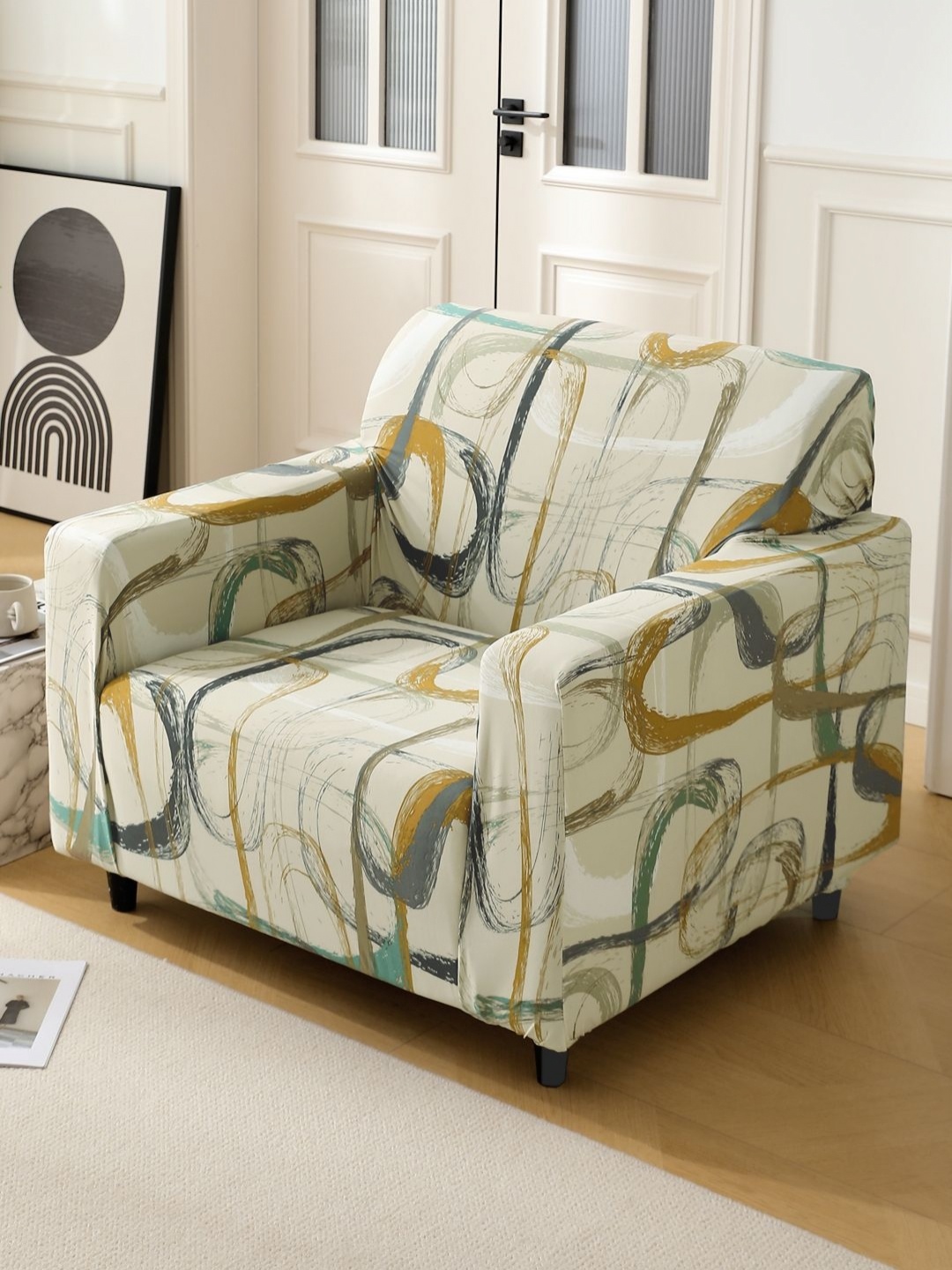 

HOKIPO Beige & Black 1 Seater Printed Sofa Cover With Arms