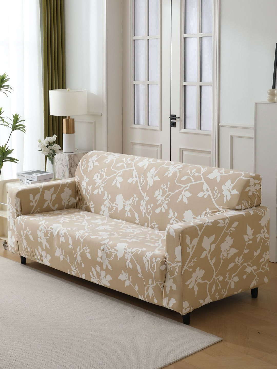 

HOKIPO Brown & White Printed Stretchable 3 Seater Sofa Cover With Arms