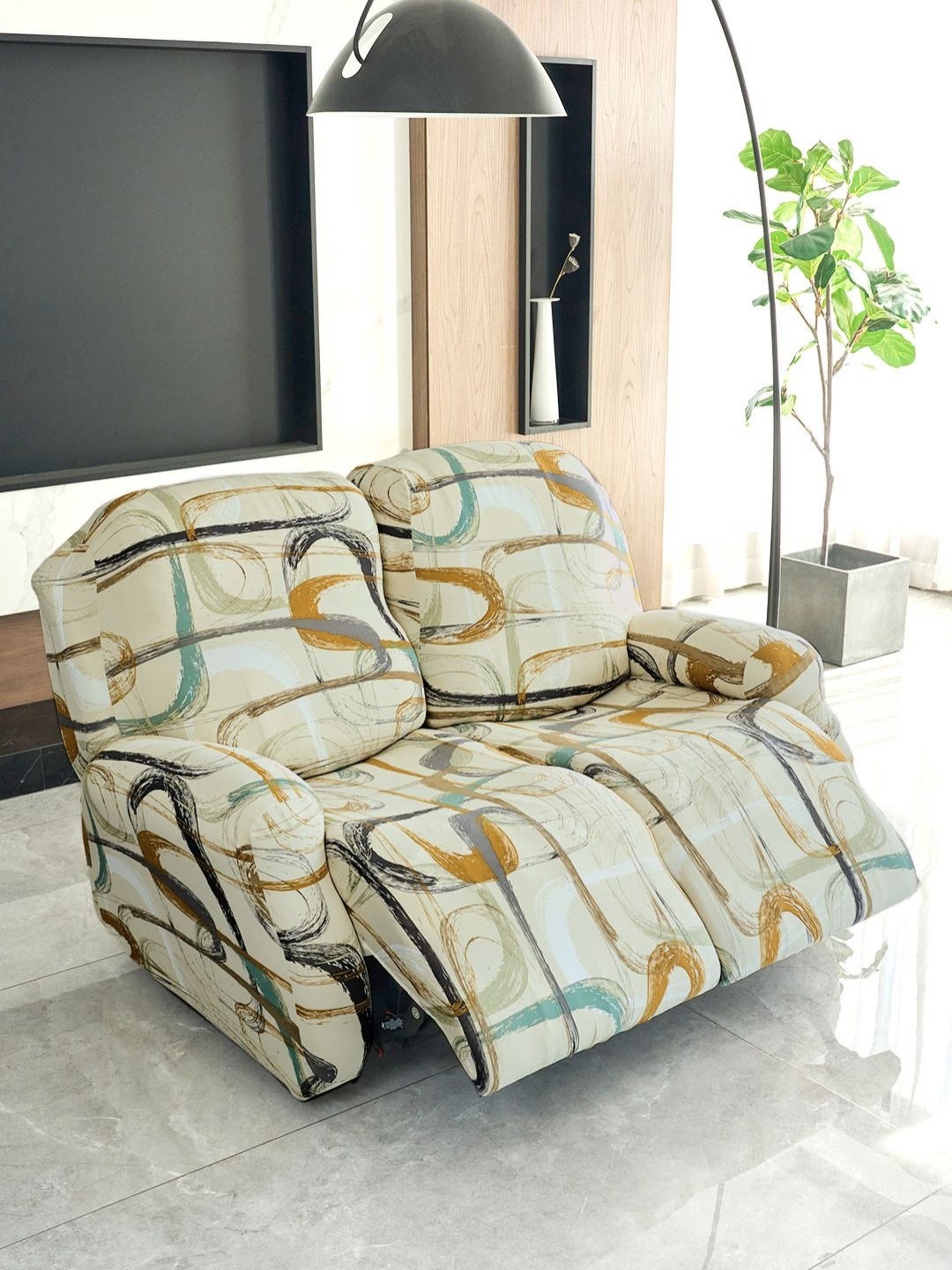 

HOKIPO Beige & Brown 2 Seater Printed Stretchable Sofa Cover With Arms