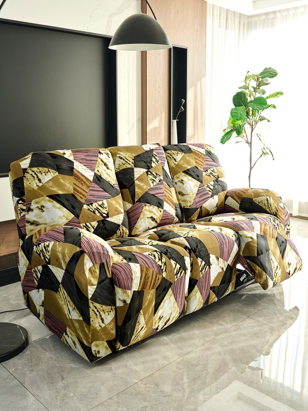 

HOKIPO Burgundy & Olive Green Printed 3 Seater Recliner Sofa Cover With Arms