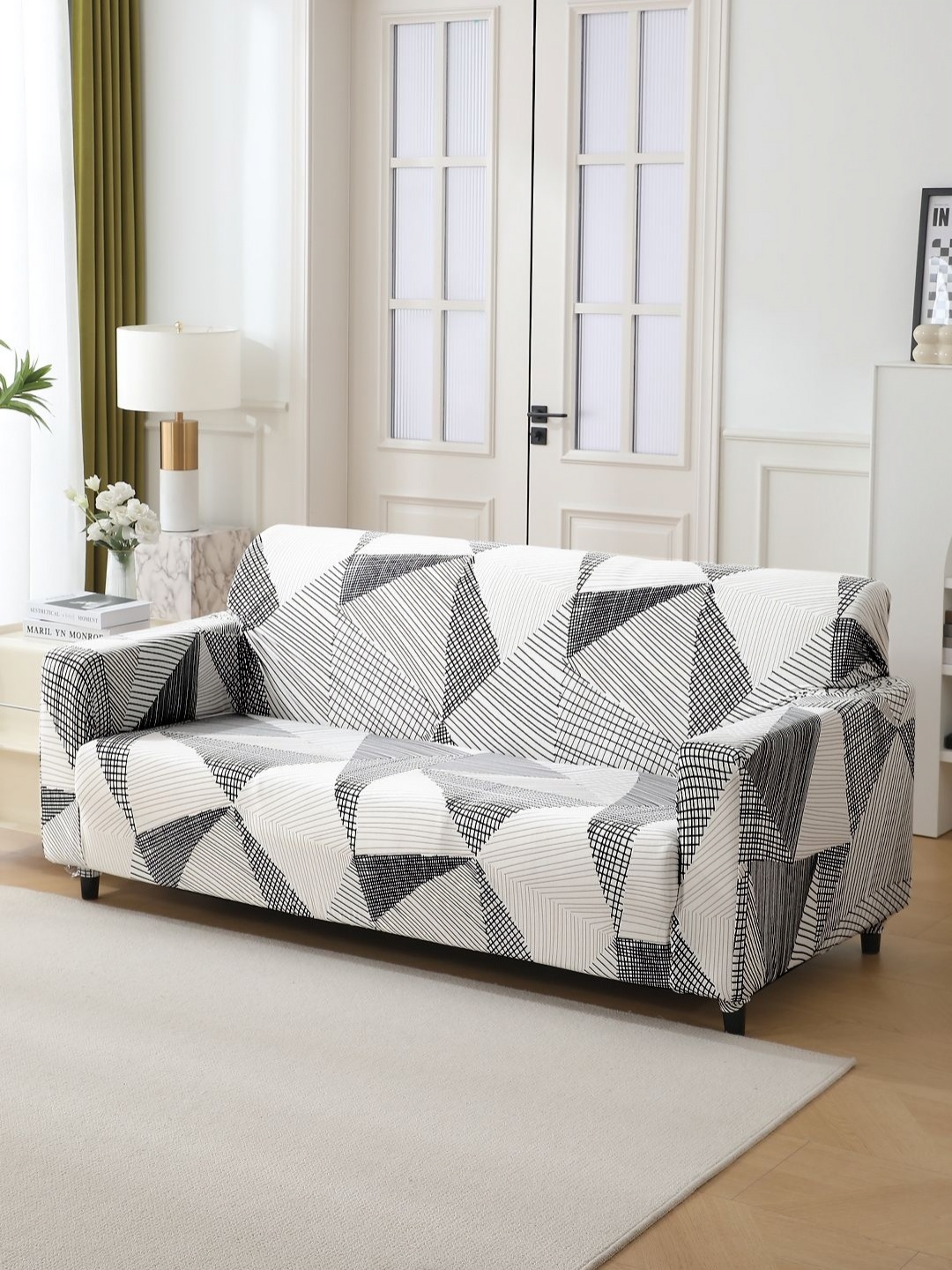 

HOKIPO White & Black Printed 3 Seater Stretchable Sofa Cover With Arms